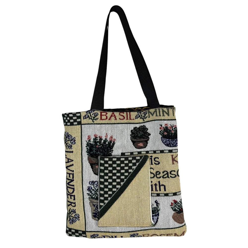 Handmade Tapestry Herb Garden‎ Tote Bag Green Velvet Reverse Cottagecore